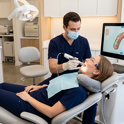 Modern digital scanning technology being used on a relaxed patient sitting in a dental chair.