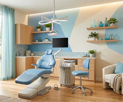 A bright, inviting photo of a comfortable dental treatment room designed to feel calming rather than usual dental clinic