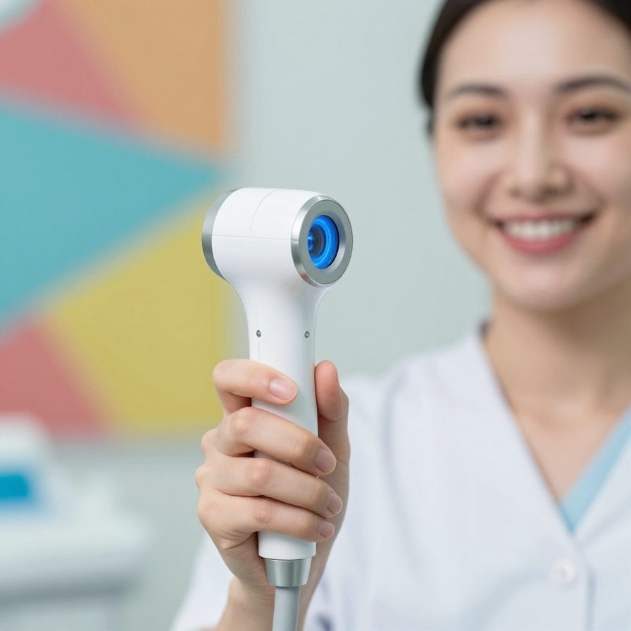 A close-up view of a modern digital dental scanner wand held by a professional.