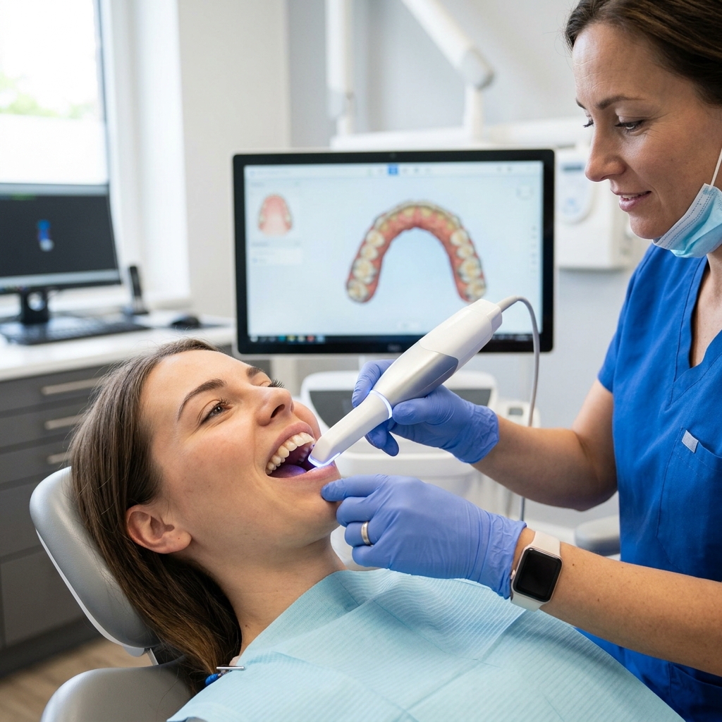 A modern, close-up photograph showcasing non-invasive digital scanning technology taking a comfortable impression.