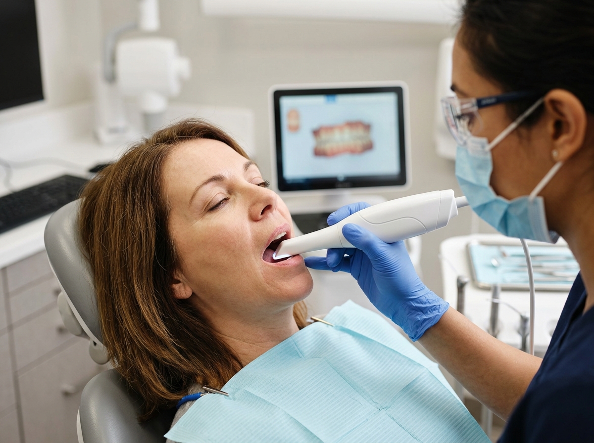 A close-up photograph of a dental professional comfortably using a sleek digital scanning wand on a relaxed patient.
