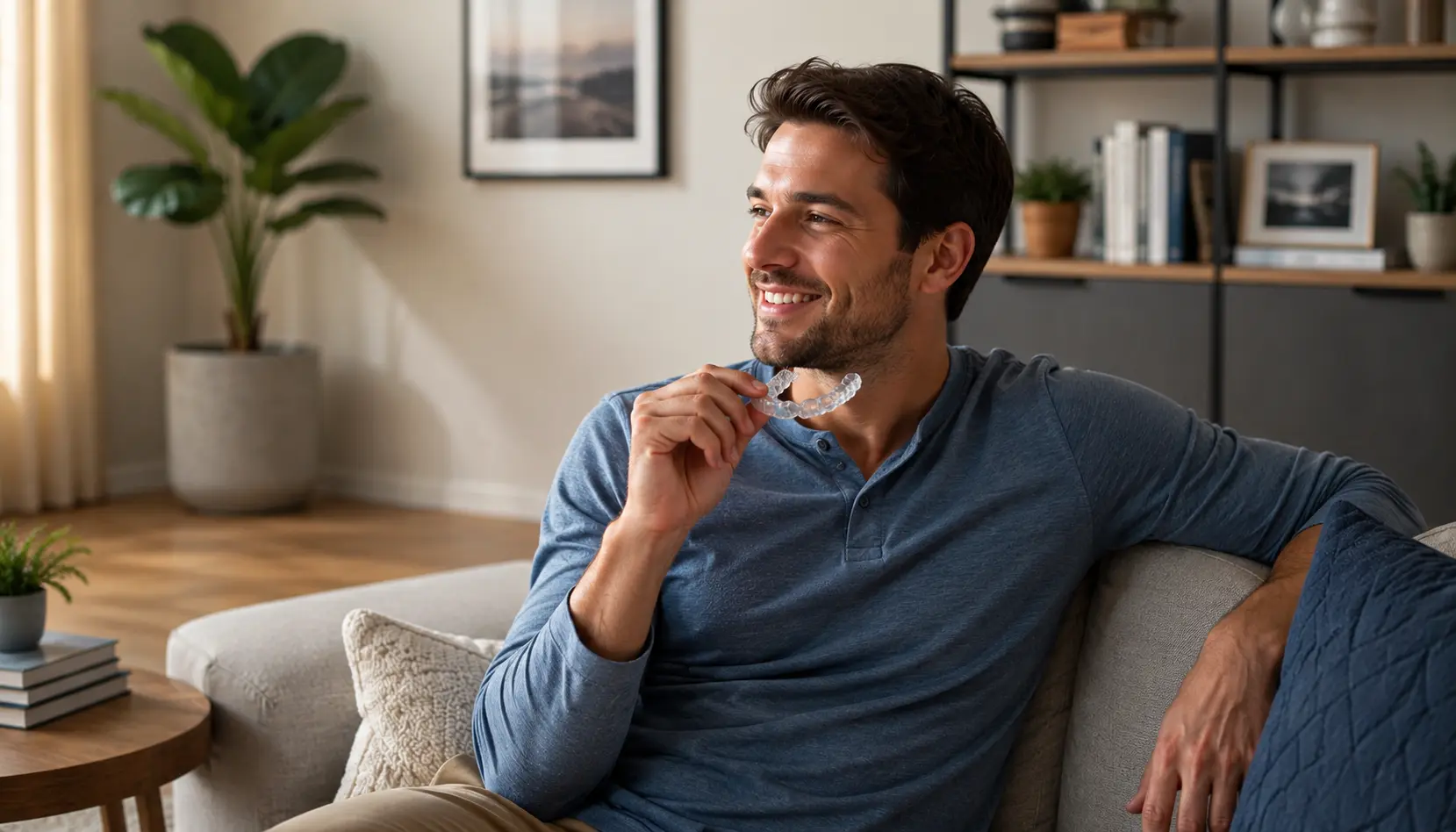 Dental Comfort Smiling man holding a clear oral appliance at home