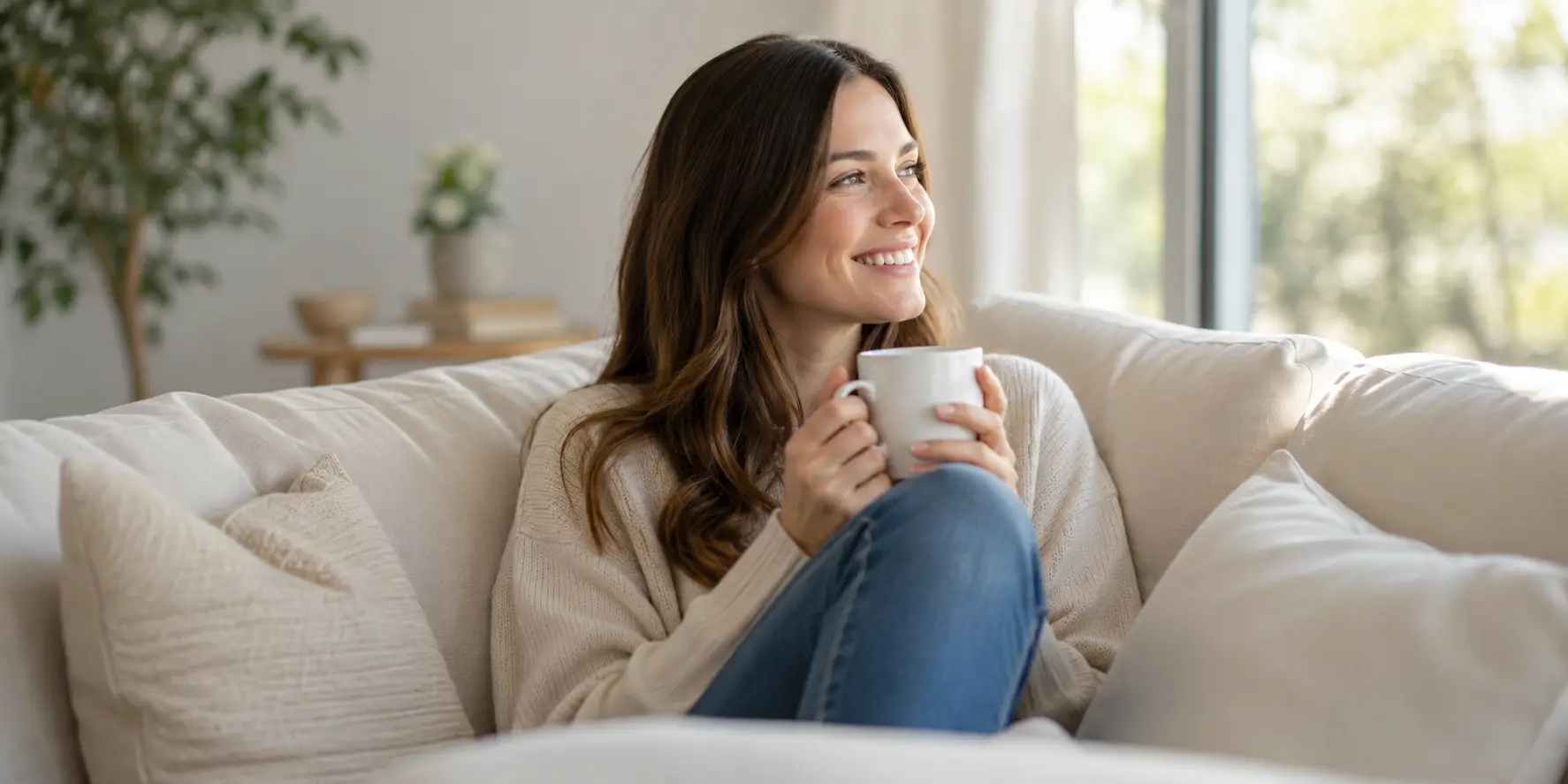 Smiling woman enjoying a relaxed moment at home