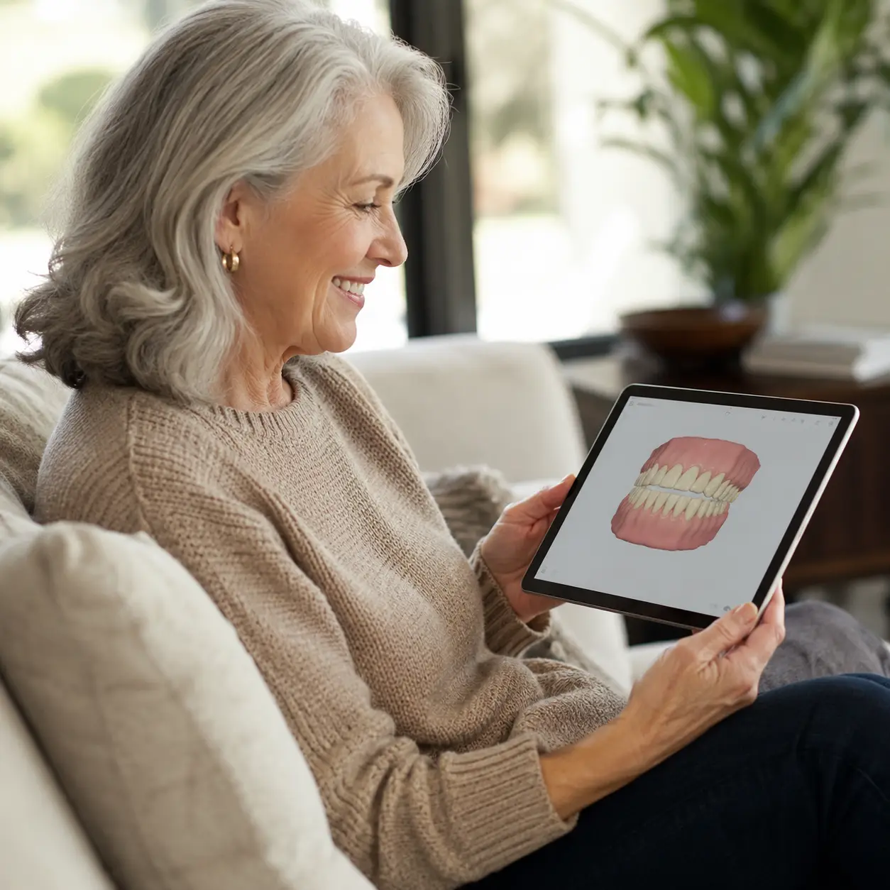 Digital Dental Scanner Technology Senior woman viewing a digital dental scan at home