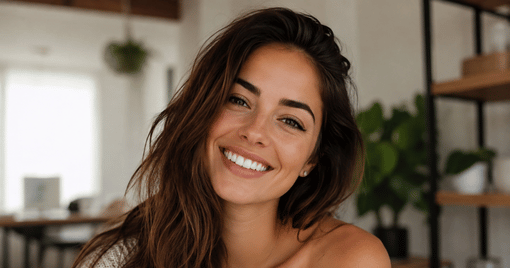 Young woman smiling confidently in a bright home setting