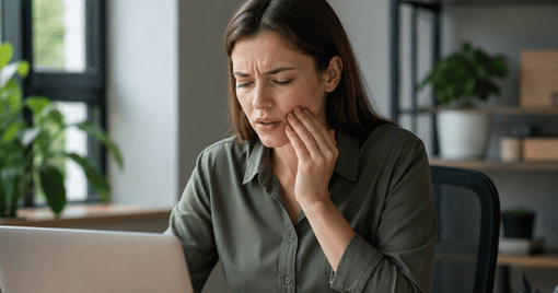Woman at her office desk holding her cheek because of tooth pain