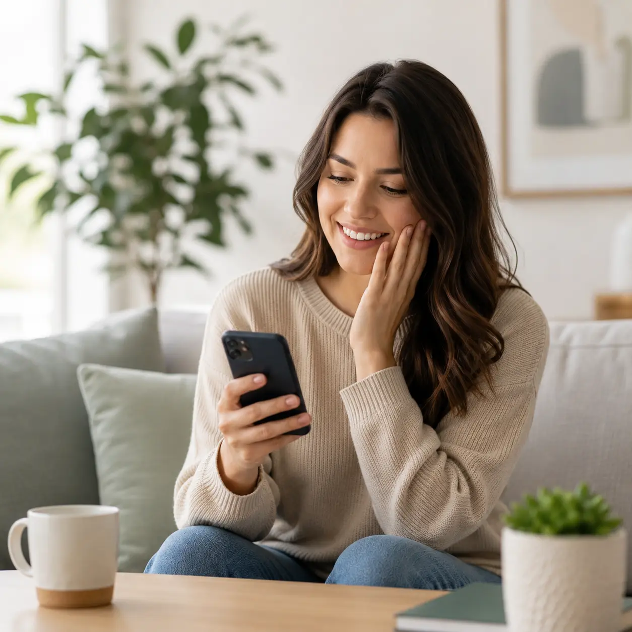 Smiling woman at home holding her cheek while checking her phone